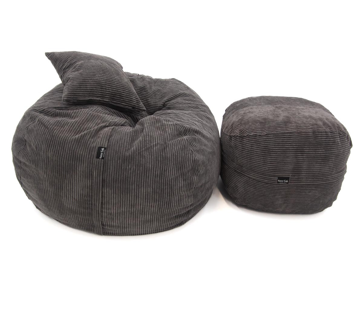 Gray bean bag chair and ottoman set on a white background