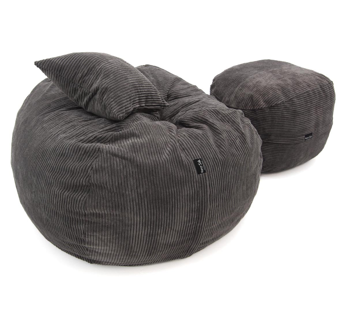 Gray bean bag chair with a smaller ottoman on a white background