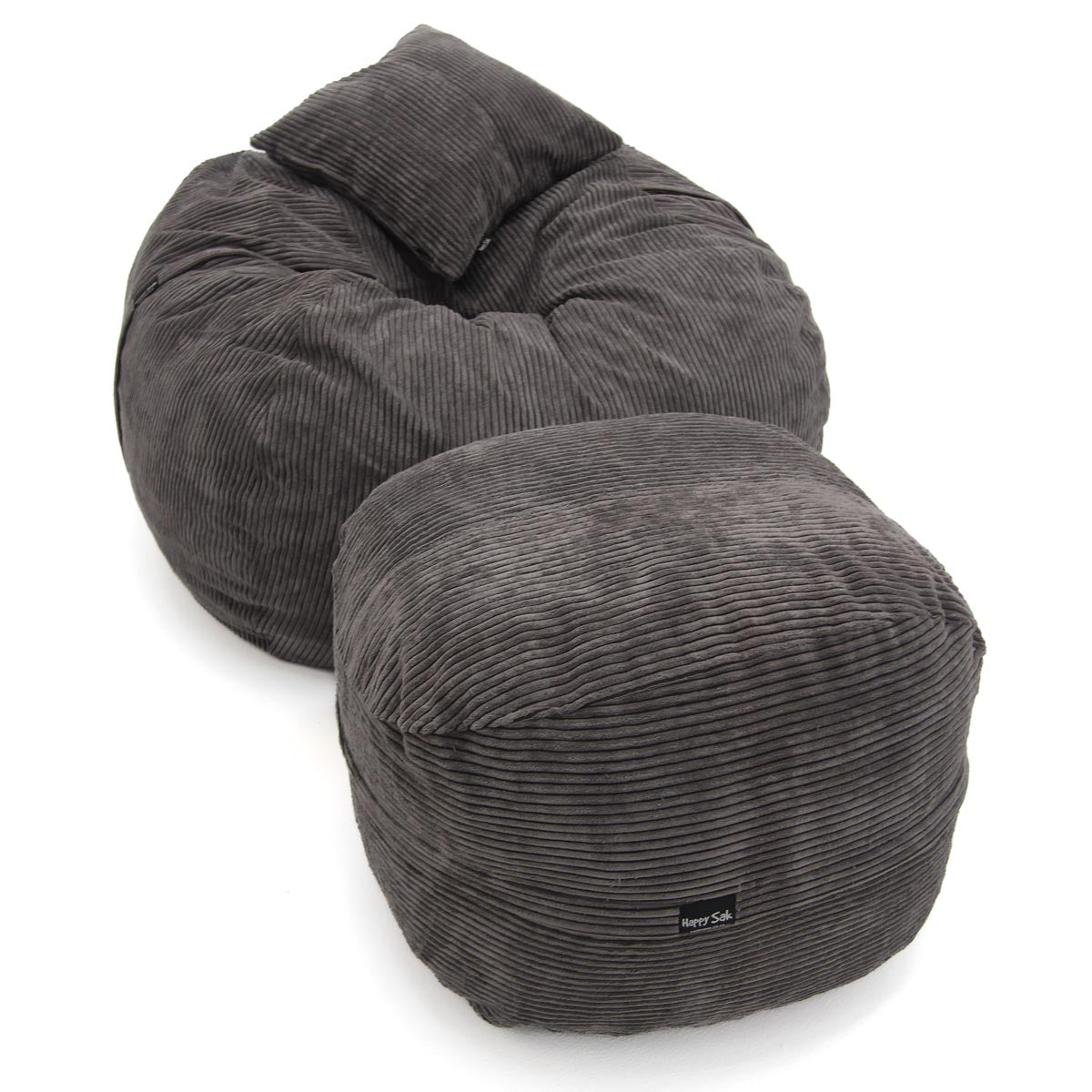 Gray bean bag chair with ottoman on a white background