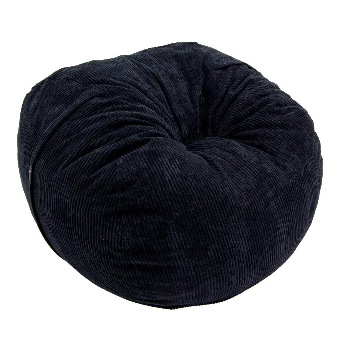 A black corduroy bean bag chair, round in shape, with a textured surface.
