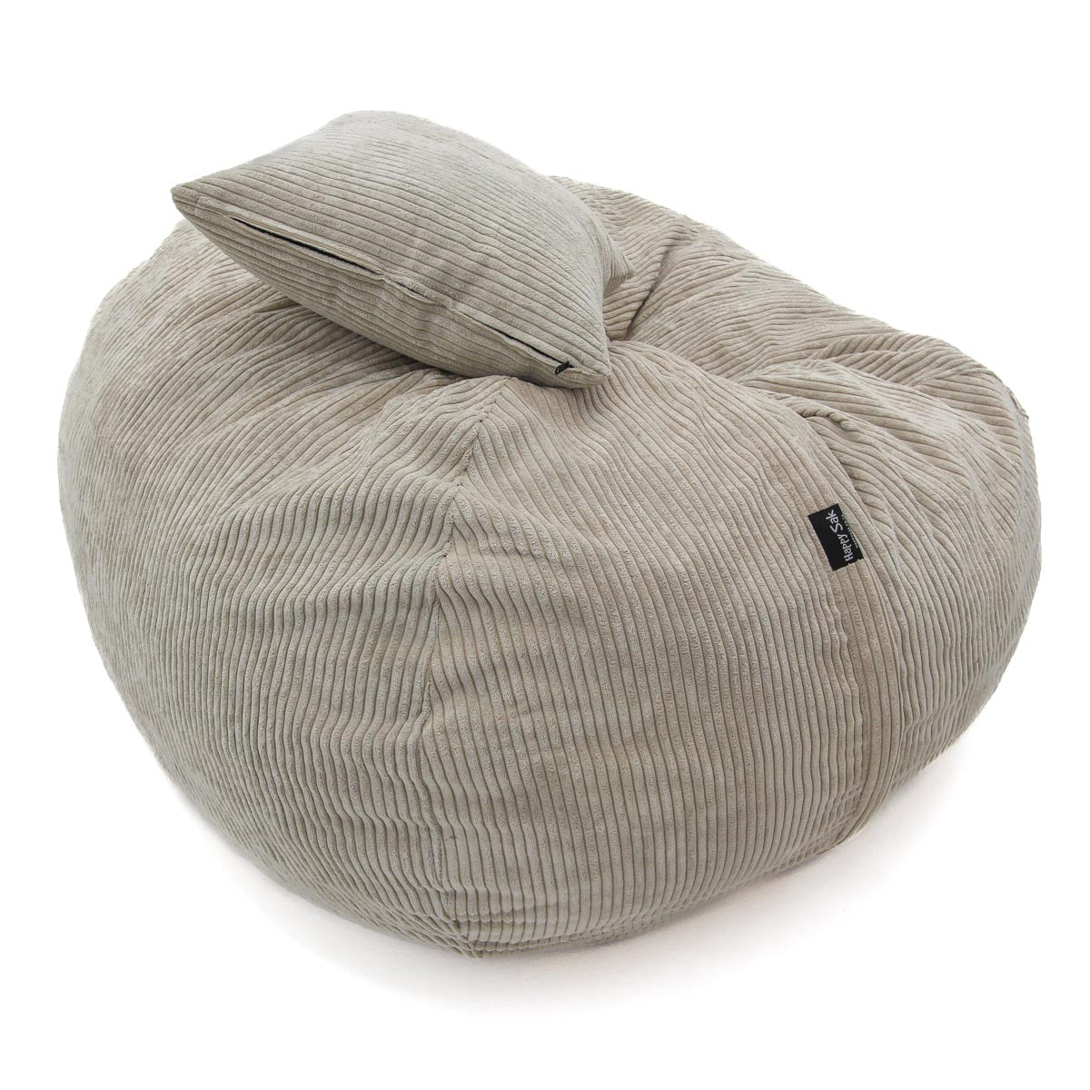 Gray bean bag chair with a matching pillow on a white background