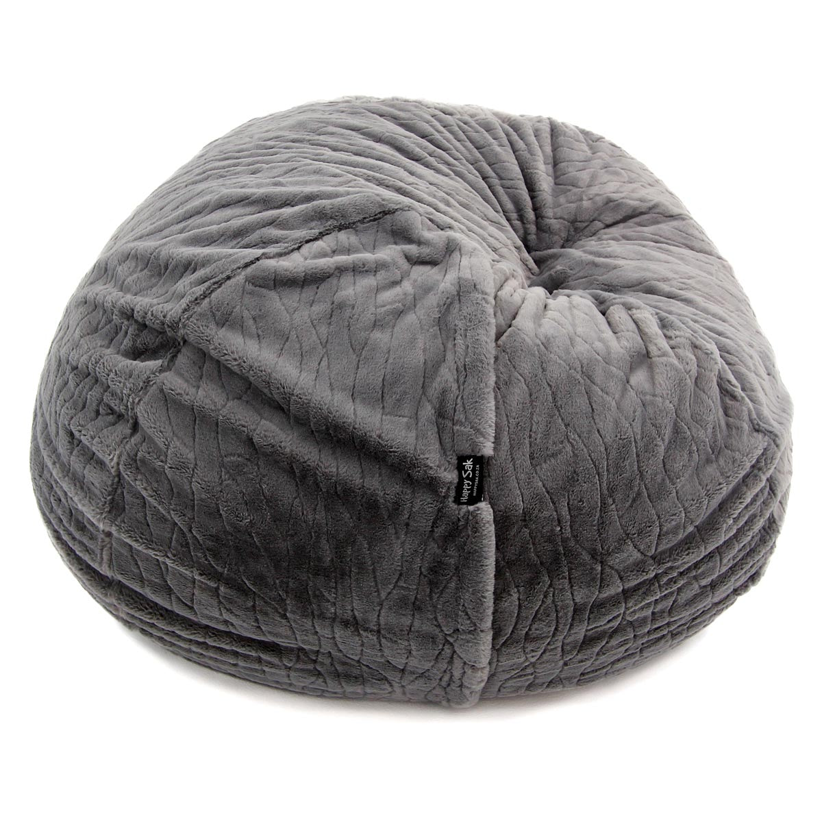Gray textured fur bean bag chair on a white background