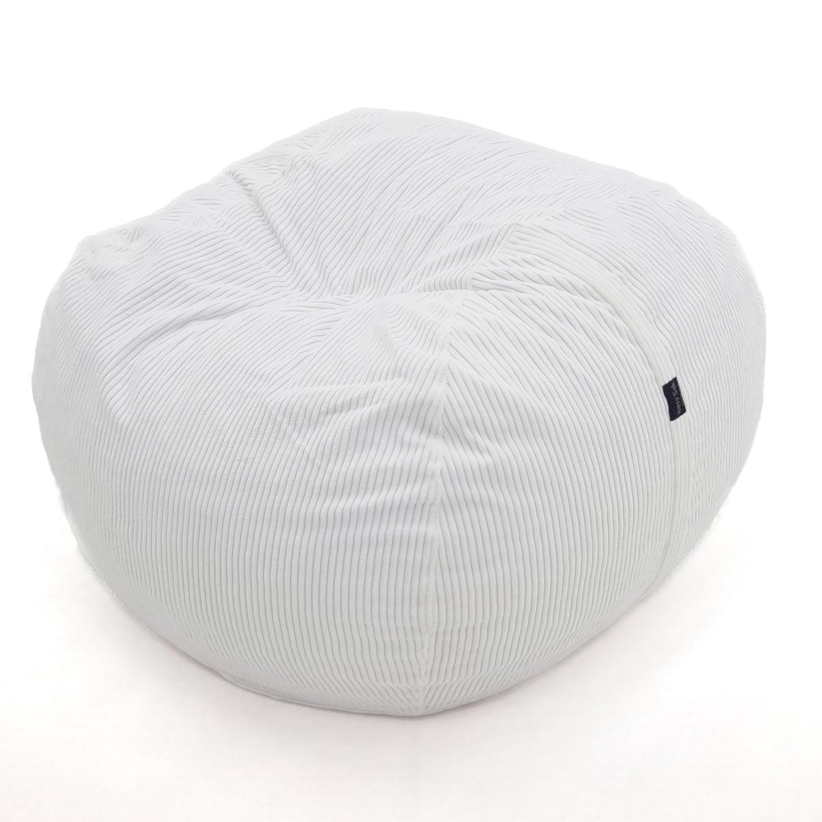 White bean bag chair with a small black tag on a white background