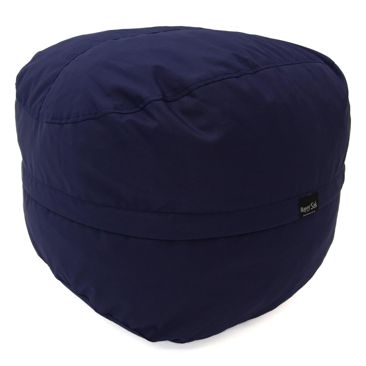 Navy blue bean bag chair with a brand label on a white background