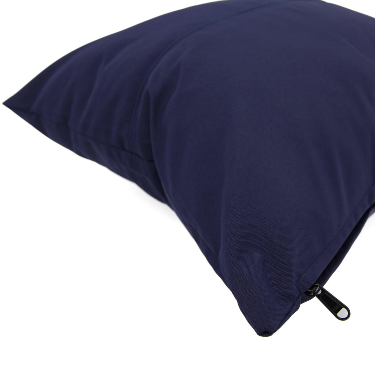 Navy blue pillow with a zipper on a white background
