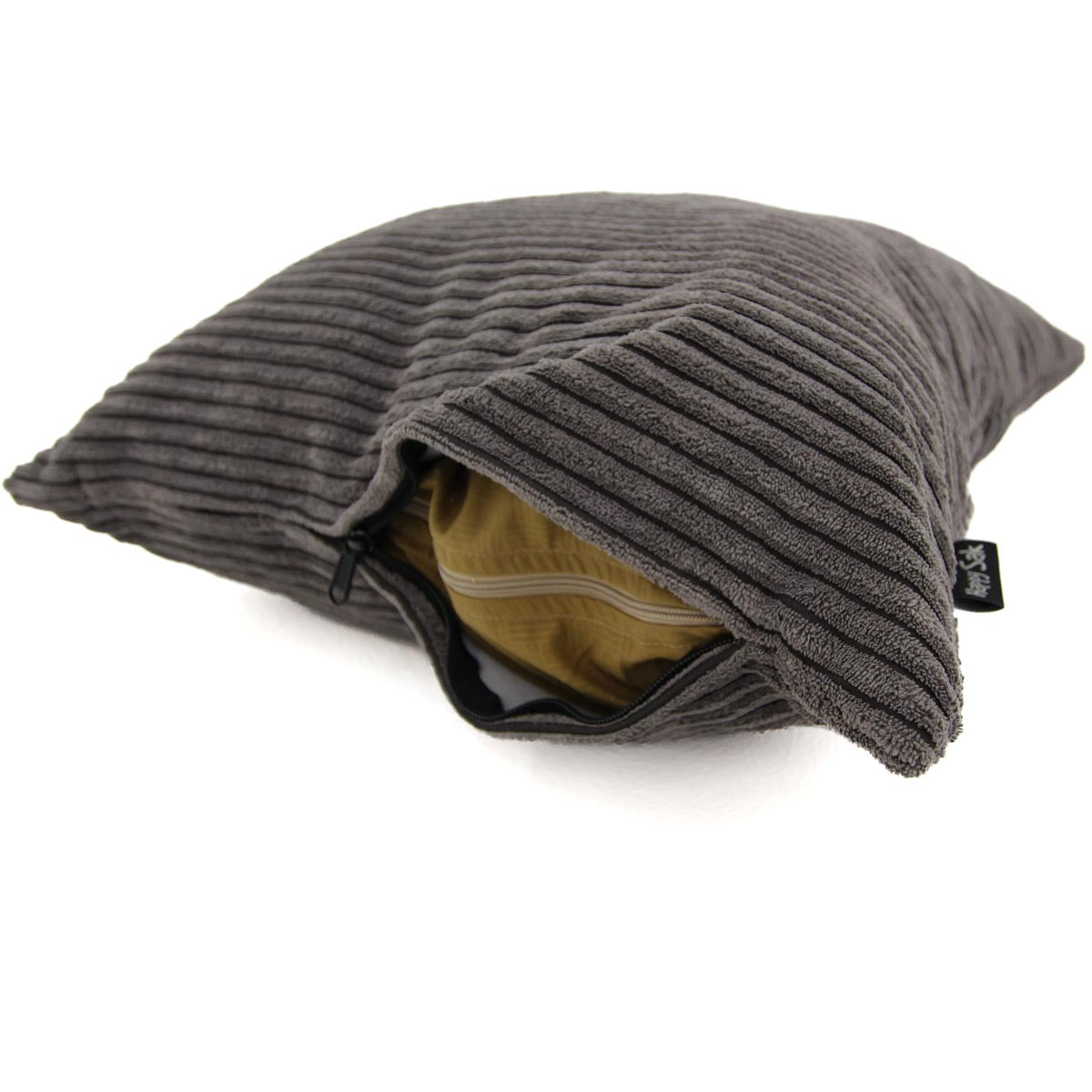 Gray ribbed pillow with a zipper on a white background