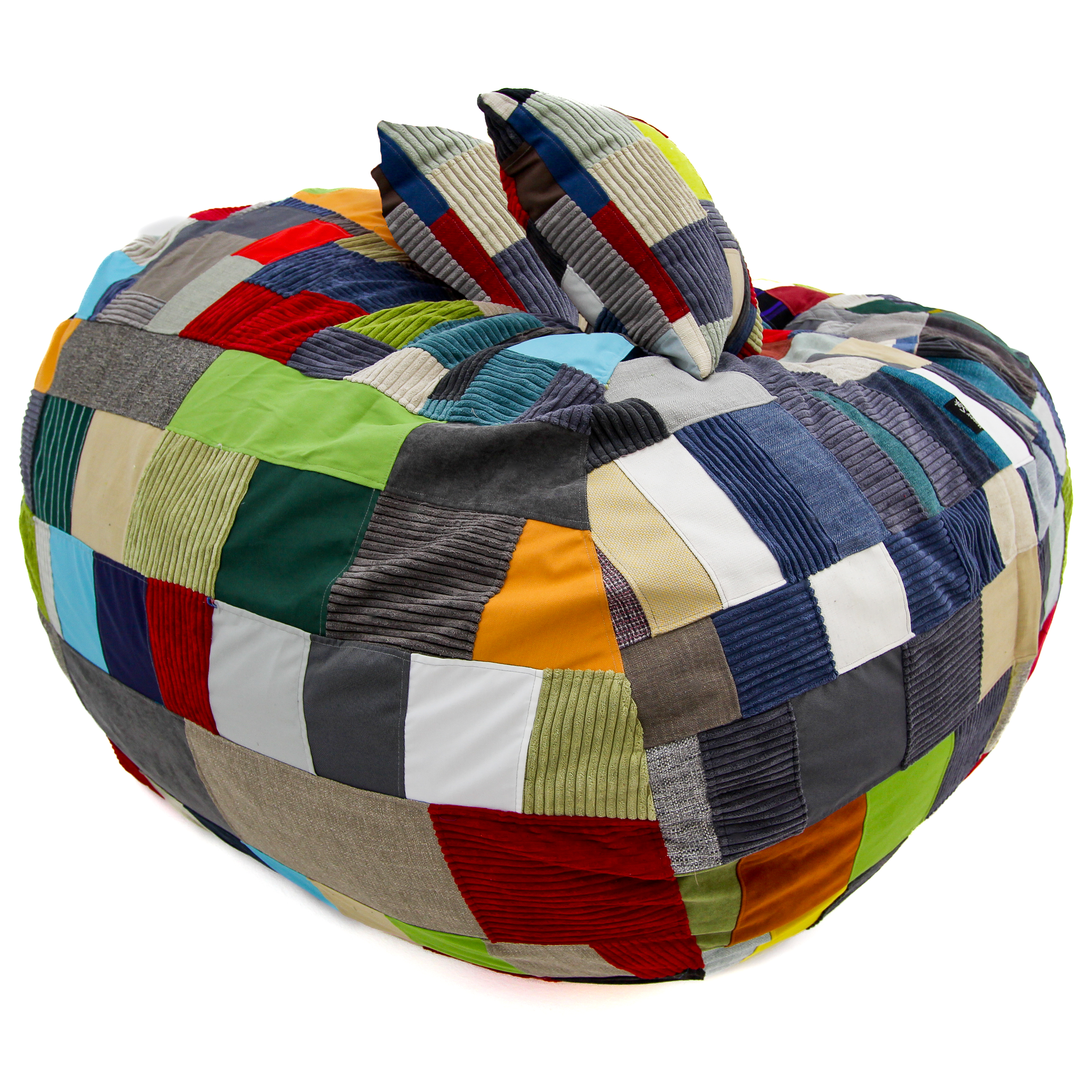 Multicolored patchwork bean bag chair on a white background