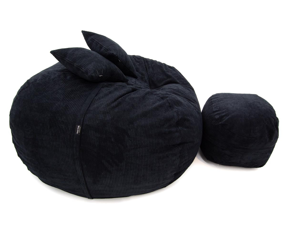 Black bean bag chair with a smaller black pillow on a white background