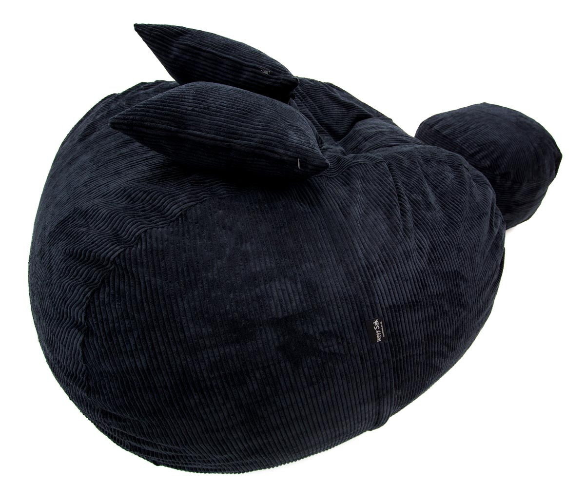 Black bean bag chair with scatter cushions on a white background