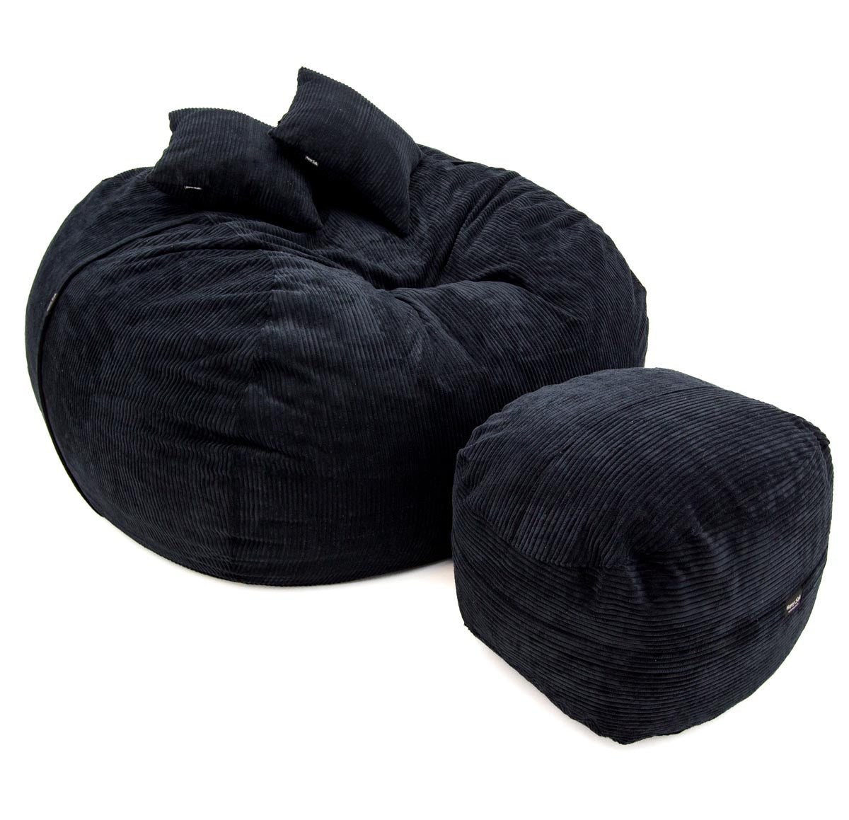 Black bean bag chair and ottoman set on a white background