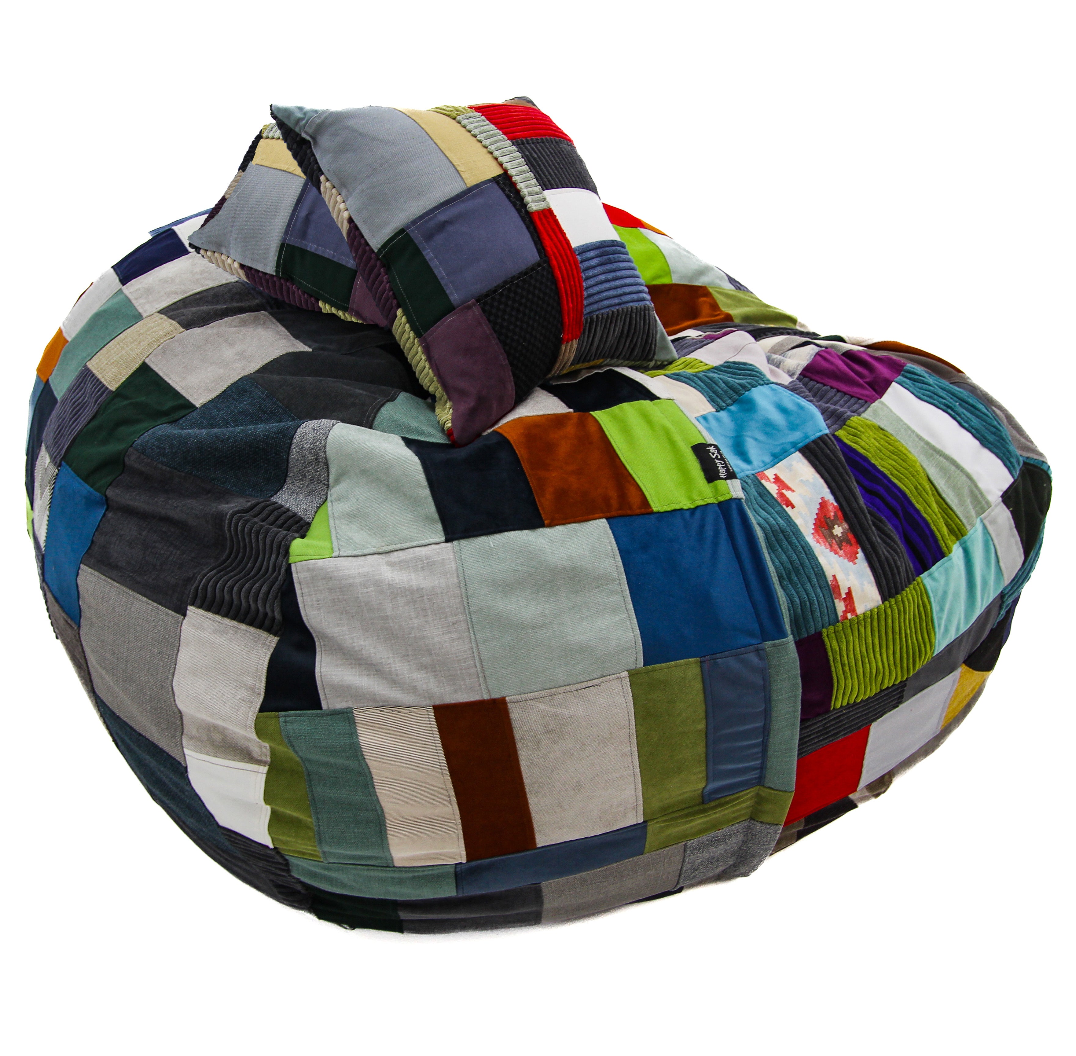 Multicolored patchwork bean bag chair with a pillow on a white background