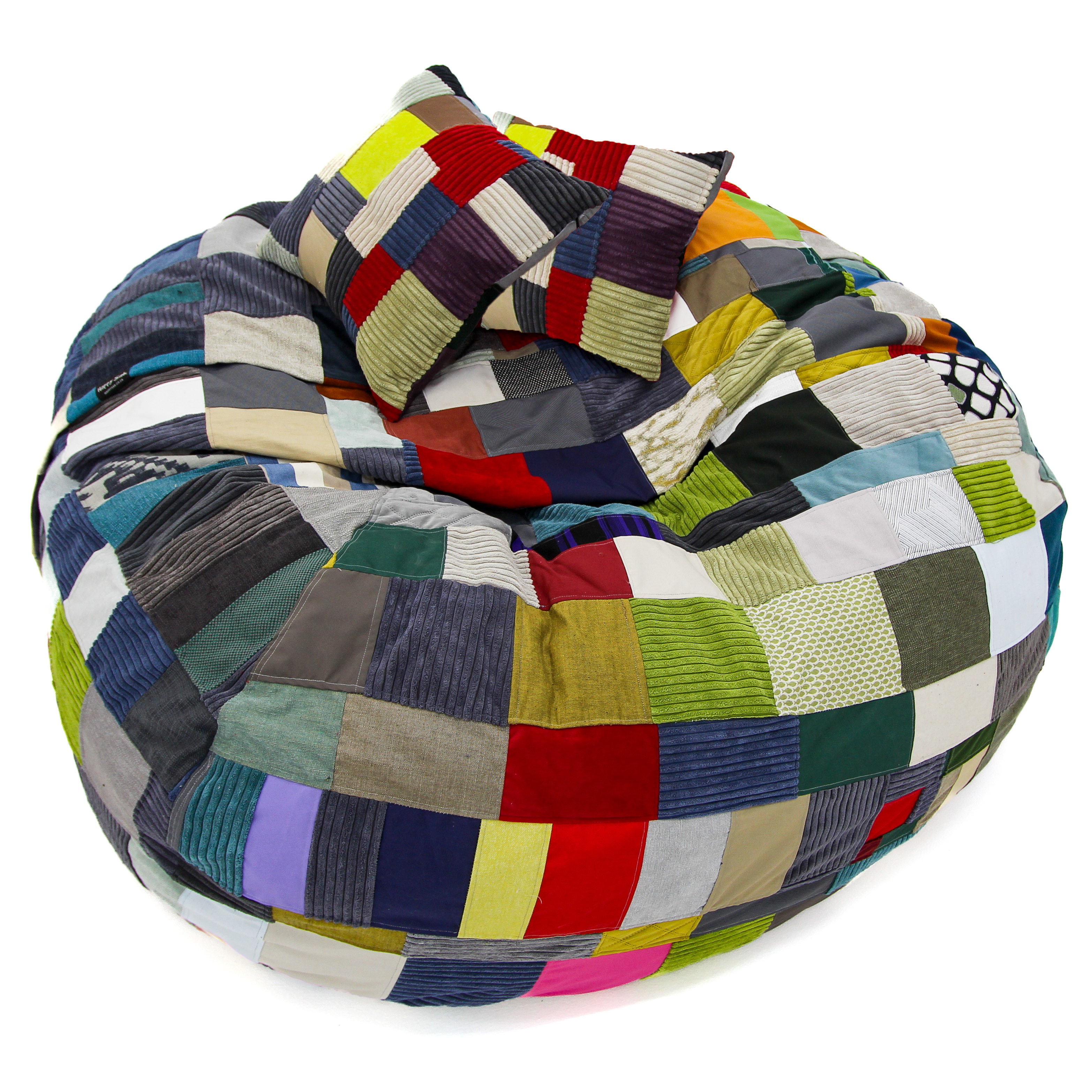 Multicolored patchwork bean bag chair with a pillow on a white background