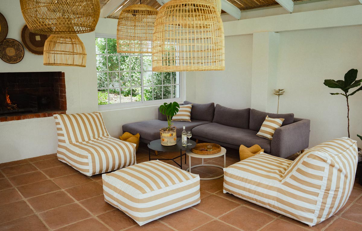 Beige & White Stripe Pool Lounger Chair + Ottoman + Scatter