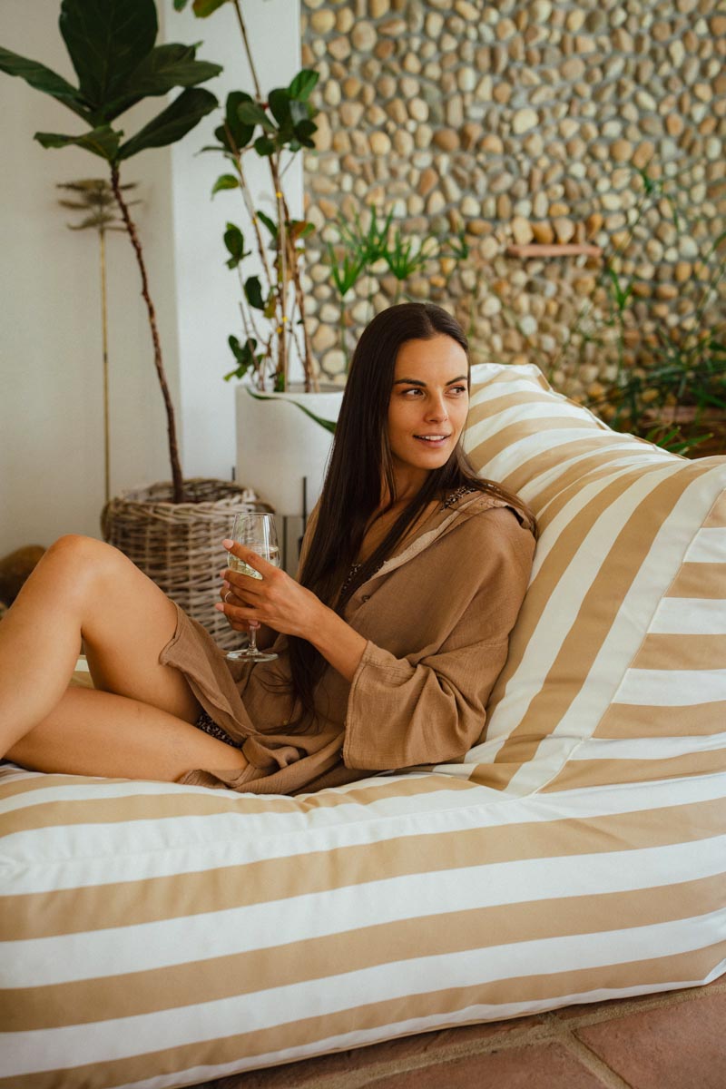 Beige & White Stripe Pool Lounger Chair