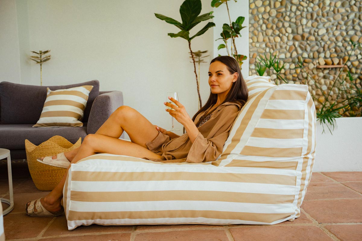 Beige & White Stripe Pool Lounger Chair