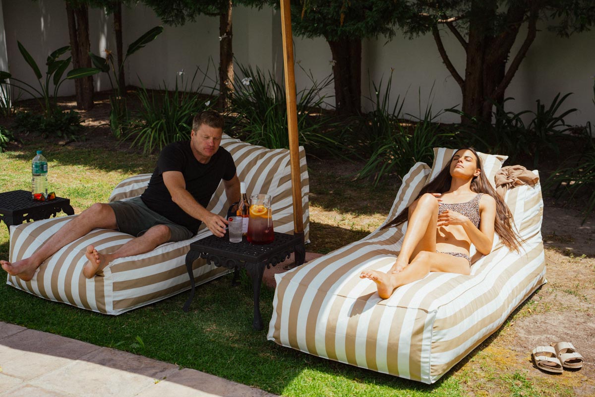 Beige & White Stripe Pool Lounger Bed