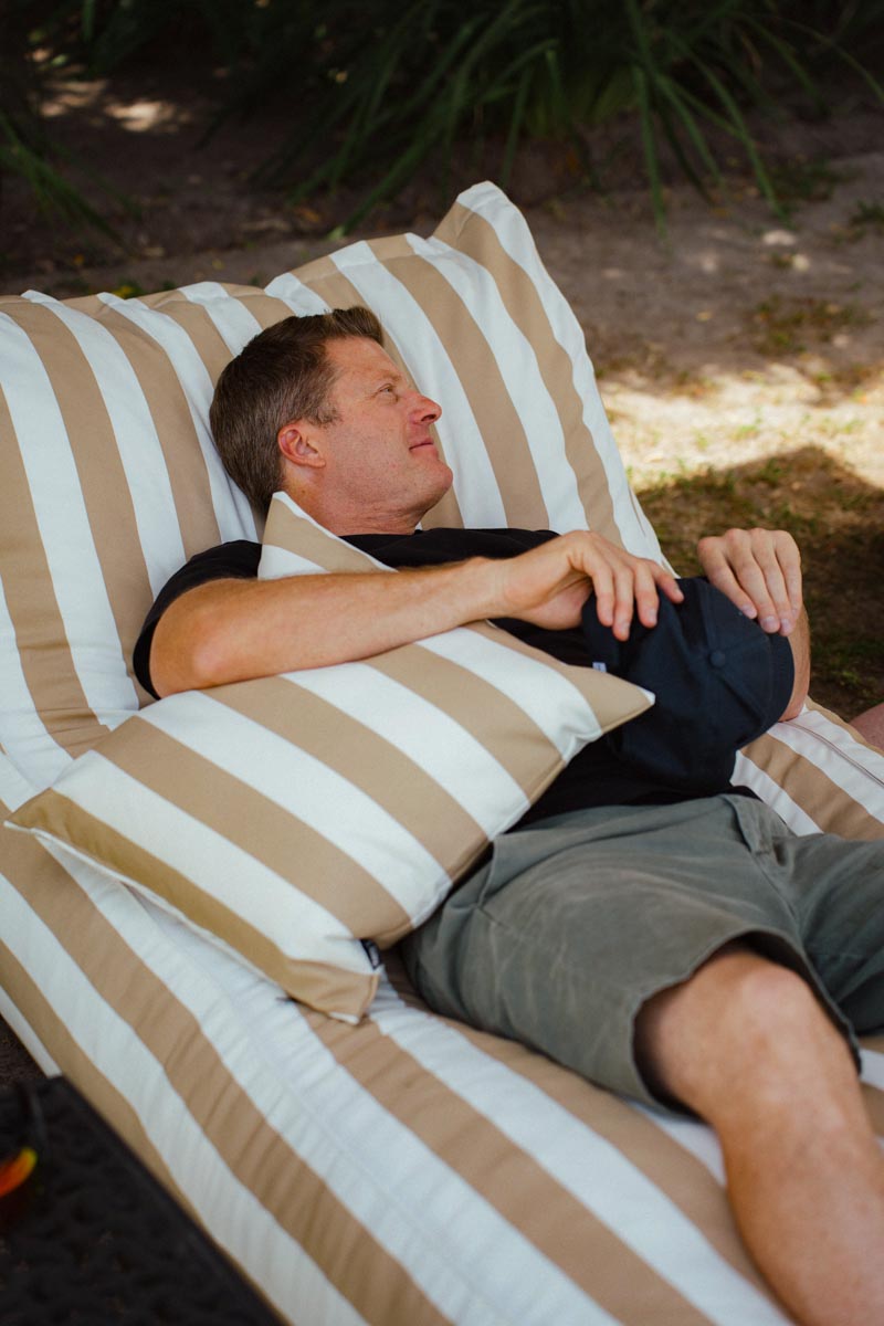 Beige & White Stripe Pool Lounger Chair + Ottoman + Scatter