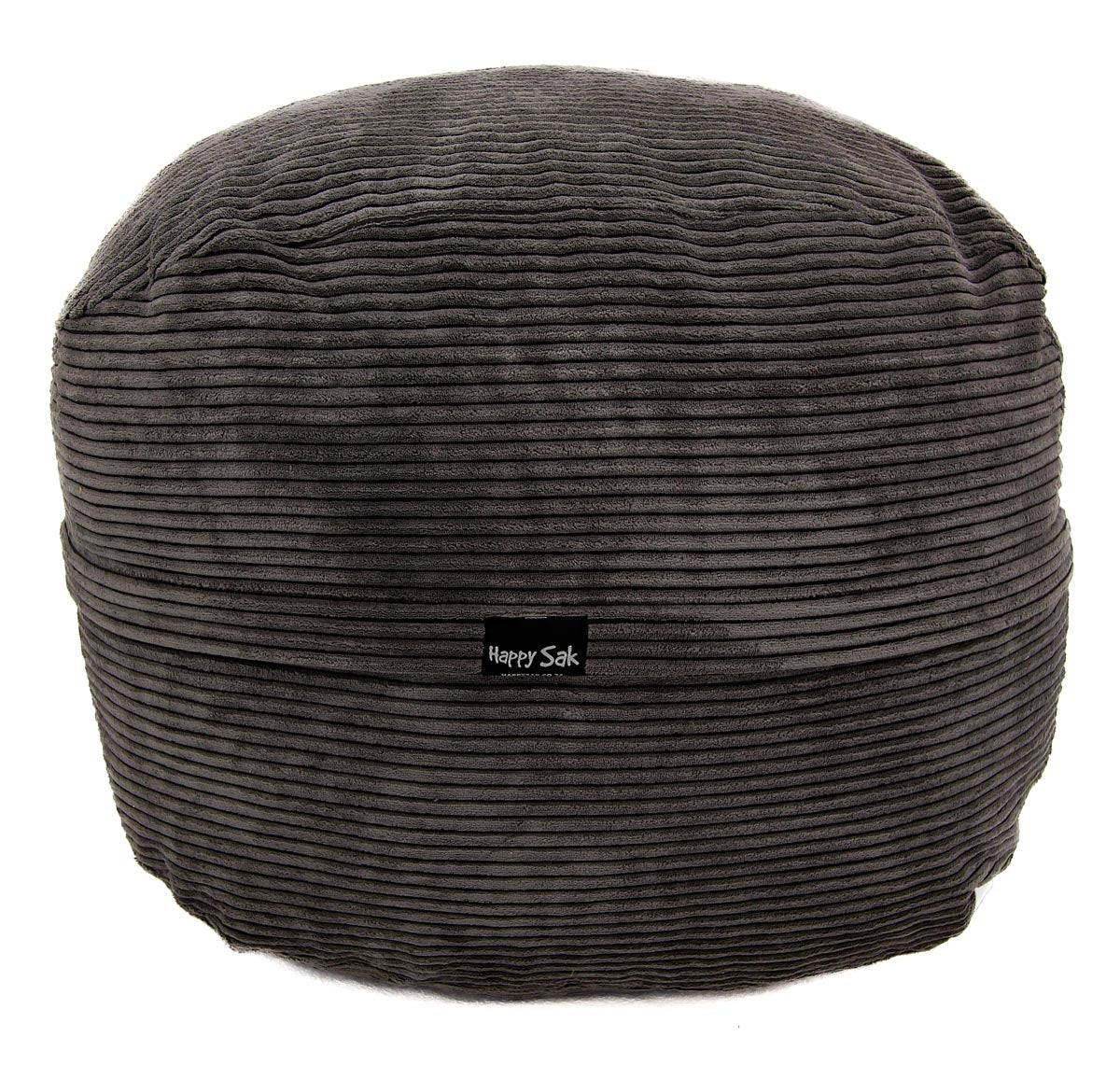 Gray textured bean bag with 'Happy Sack' label on a white background