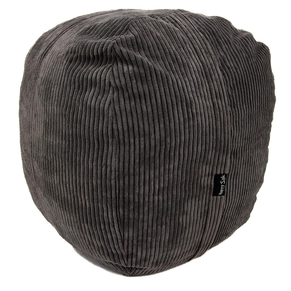 Gray corduroy bean bag chair with a brand label on a white background