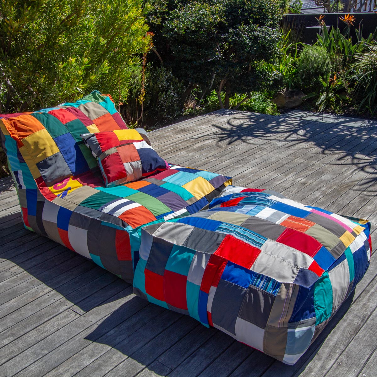 Patchwork Pool Lounger Chair + Ottoman + Scatter