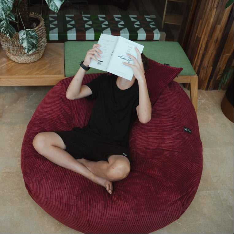 Person sitting on a red bean bag chair reading a book in a cozy room.