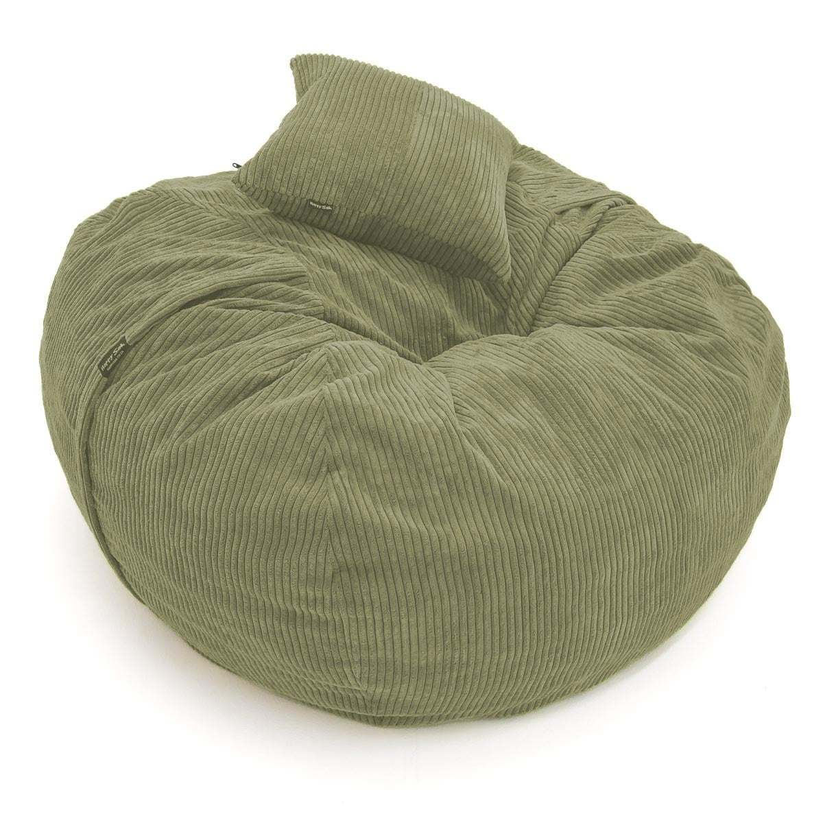 Green bean bag chair with a pillow on a white background