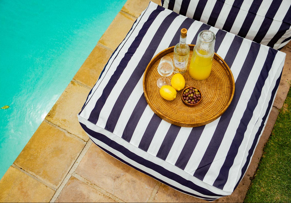 Navy & White Stripe Pool Lounger Chair + Ottoman + Scatter - Happy Sak SA