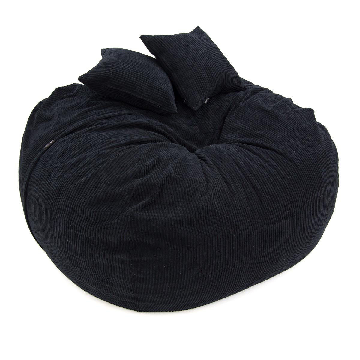 Black bean bag chair with two matching pillows on a white background