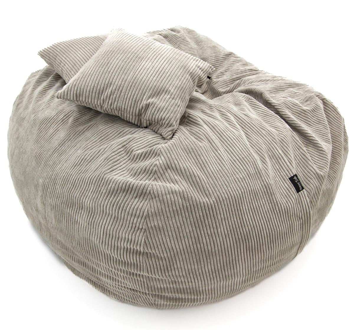Gray bean bag chair with a pillow on a white background