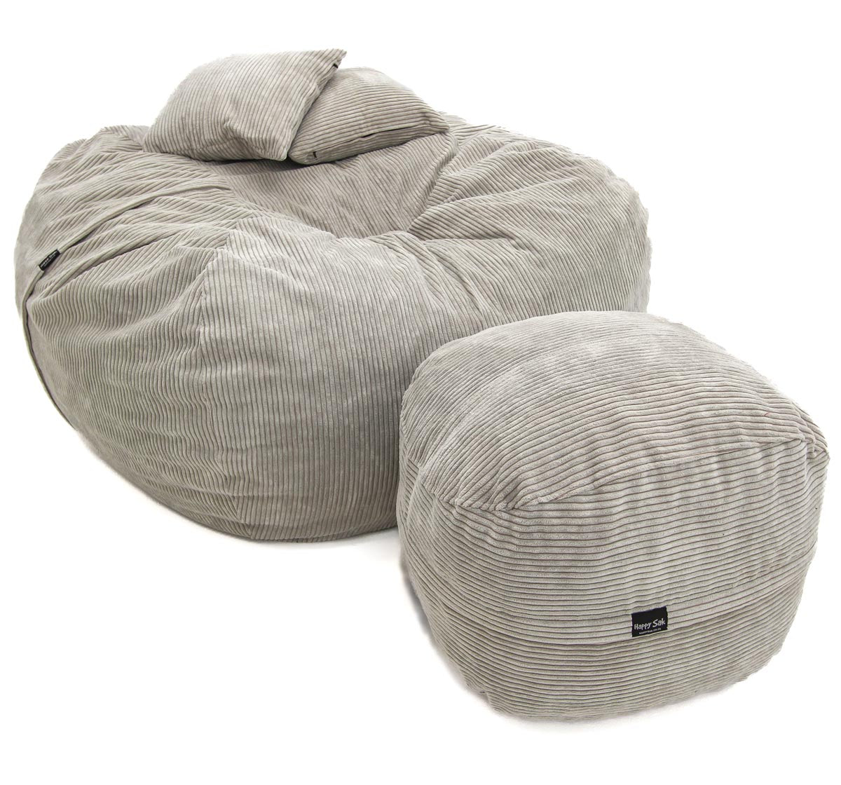 Gray striped bean bag chair and ottoman on a white background