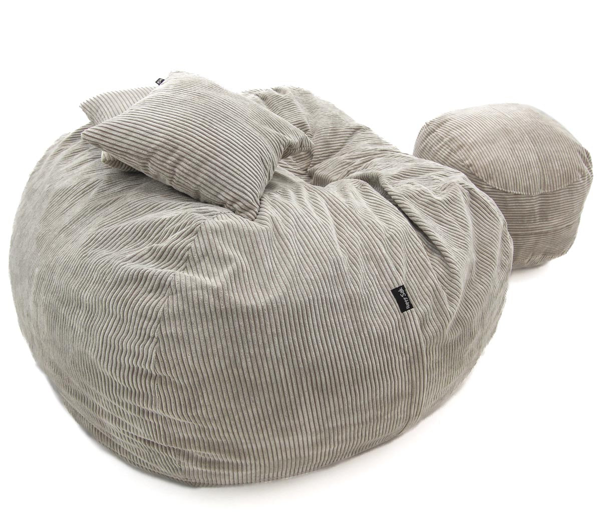 Gray bean bag chair with two cushions on a white background