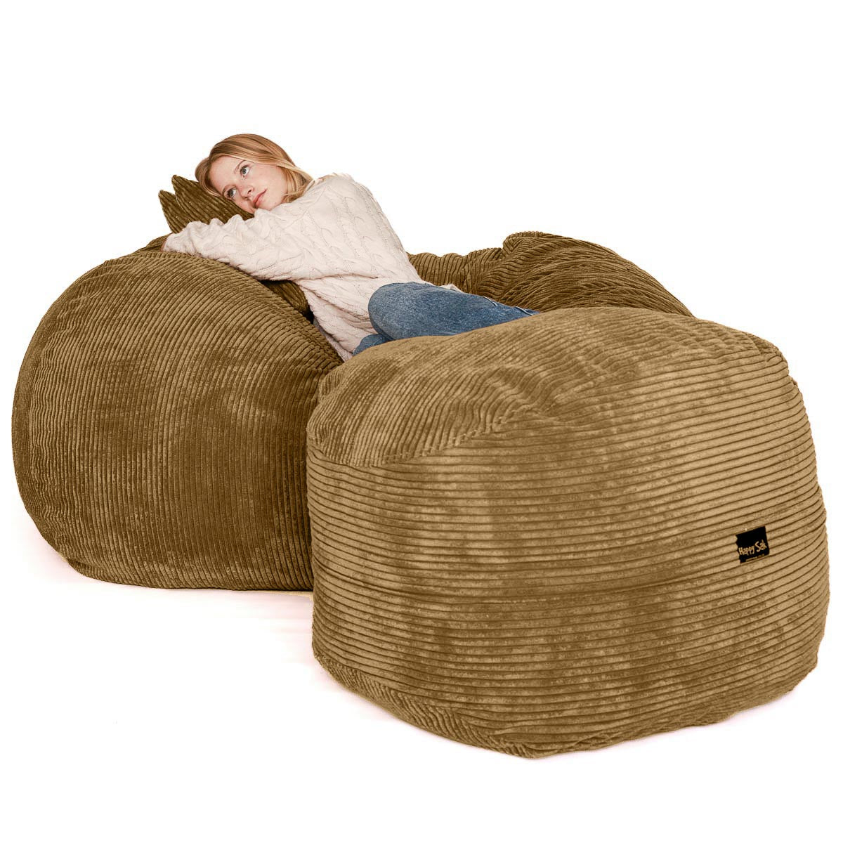 Large brown bean bag chair with a person sitting inside on a white background