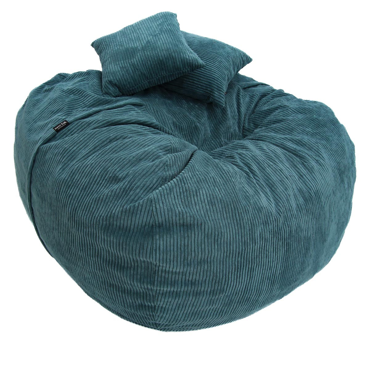 Teal bean bag chair with two matching pillows on a white background