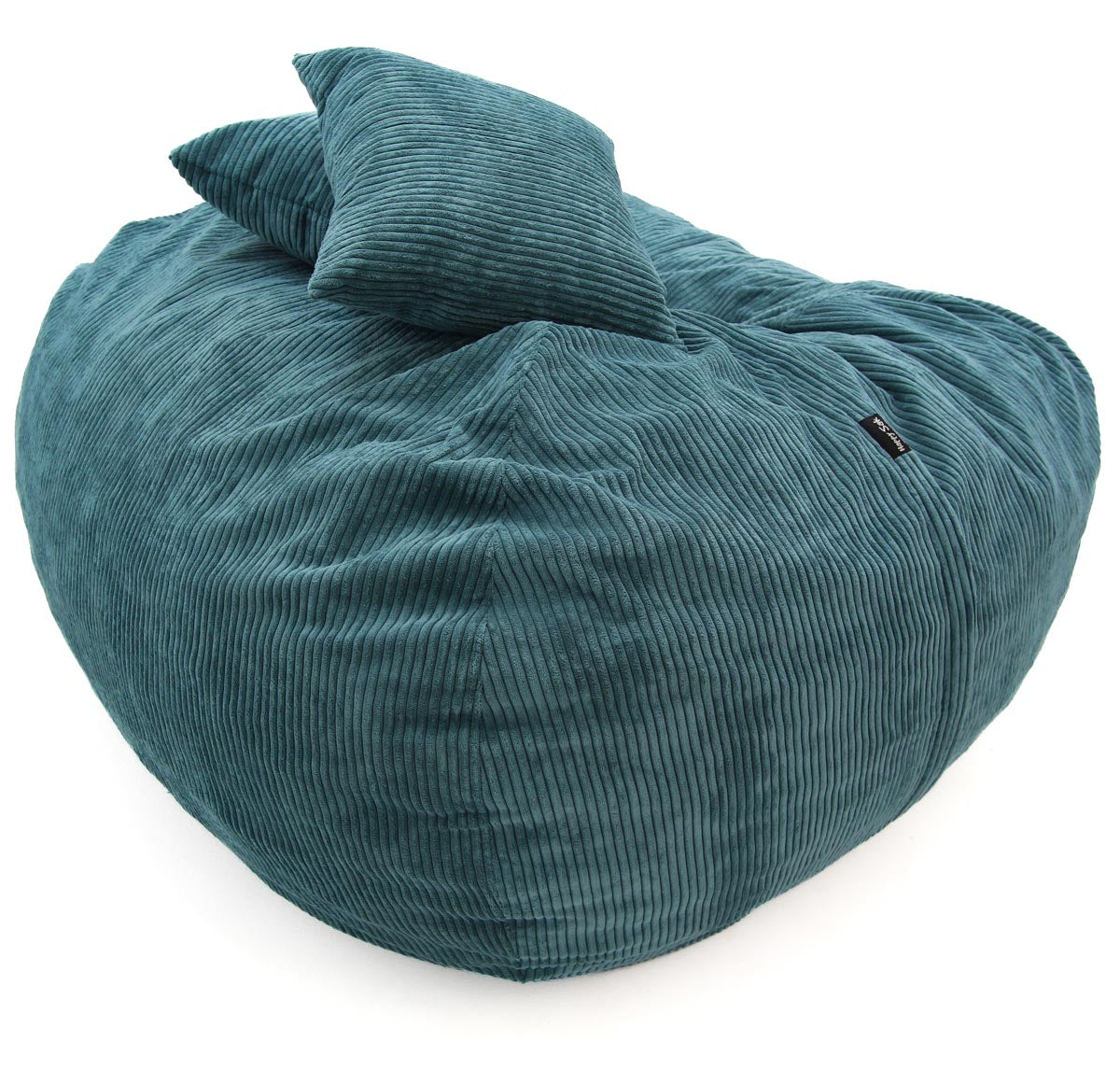 Teal bean bag chair with a pillow on a white background