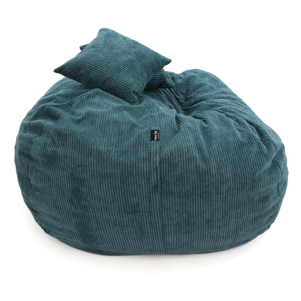 Teal bean bag chair with a pillow on a white background