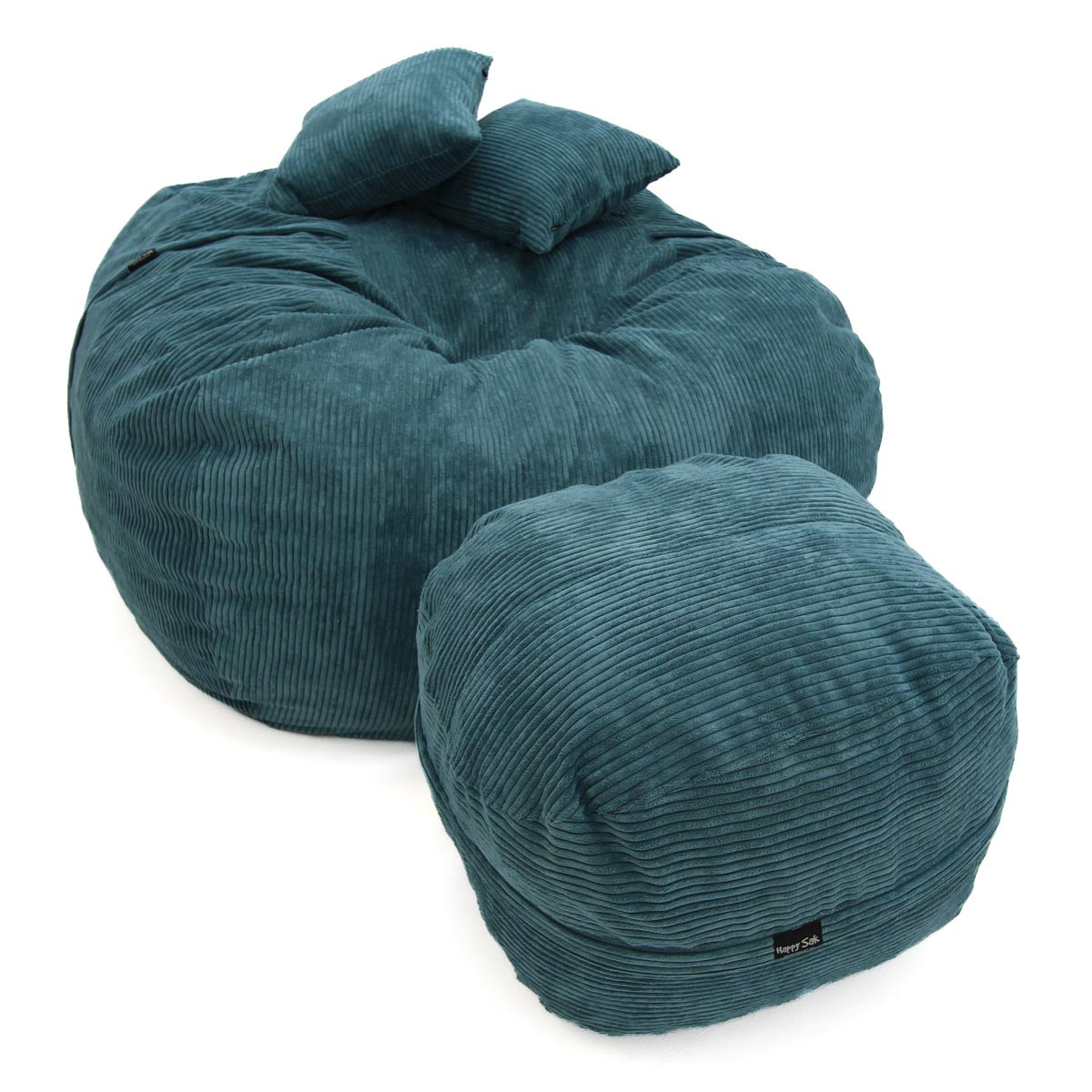 Teal bean bag chair with ottoman on a white background