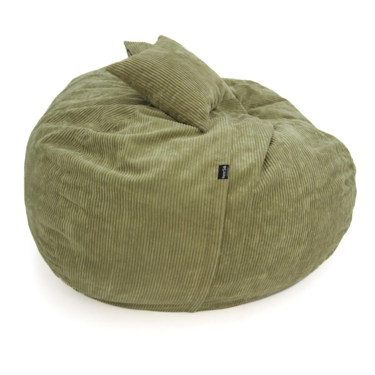 Green bean bag chair with a pillow on a white background