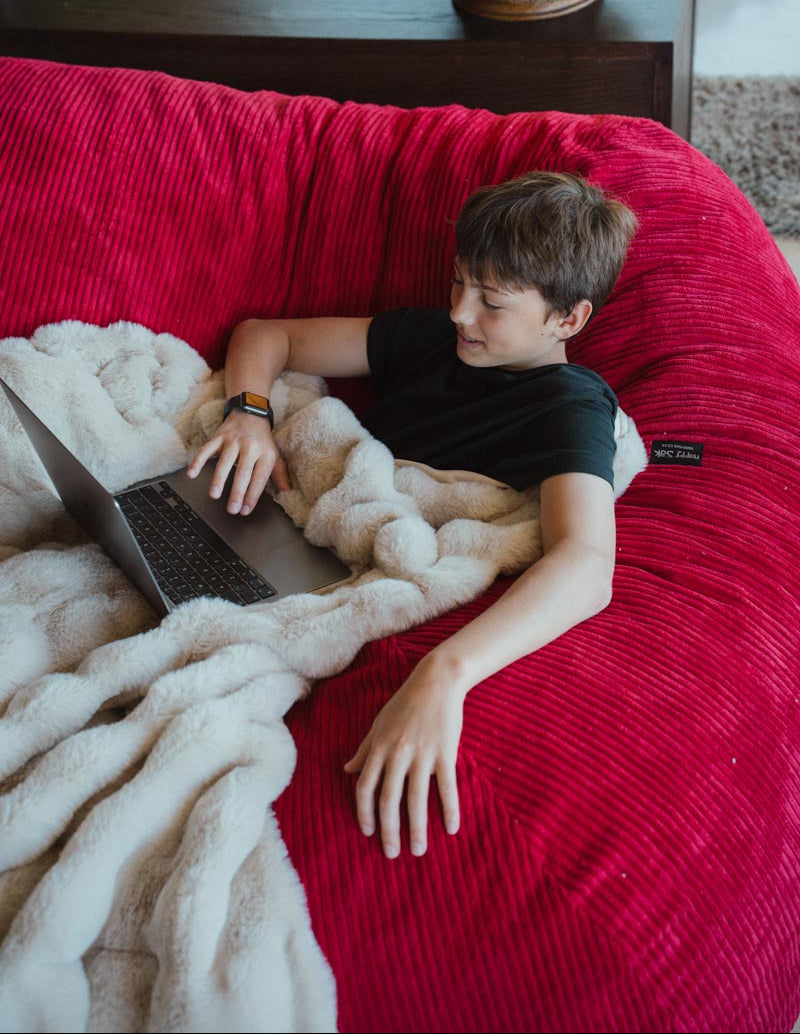 Person using a laptop on a red bean bag chair with a blurred background
