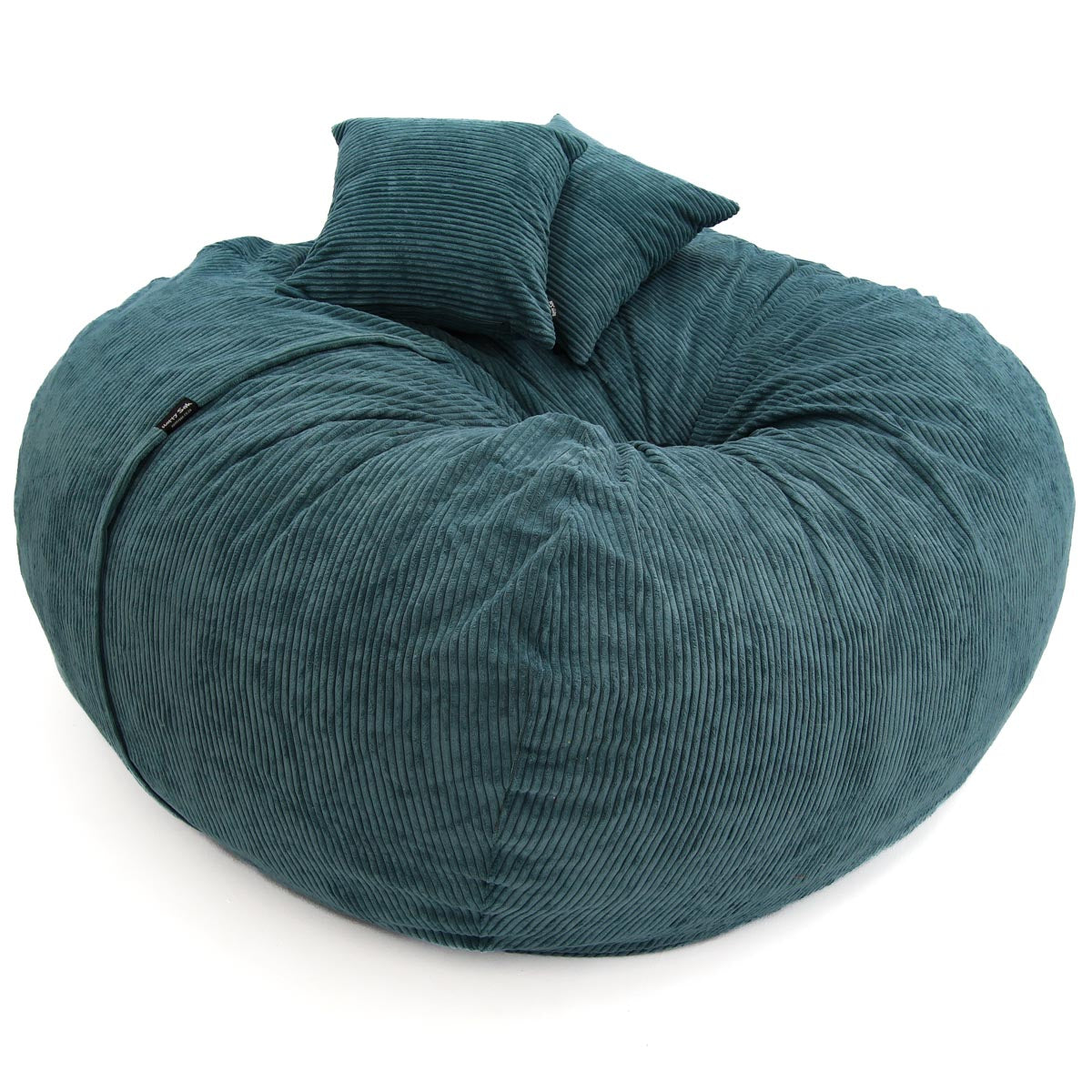 Teal bean bag chair with two cushions on a white background