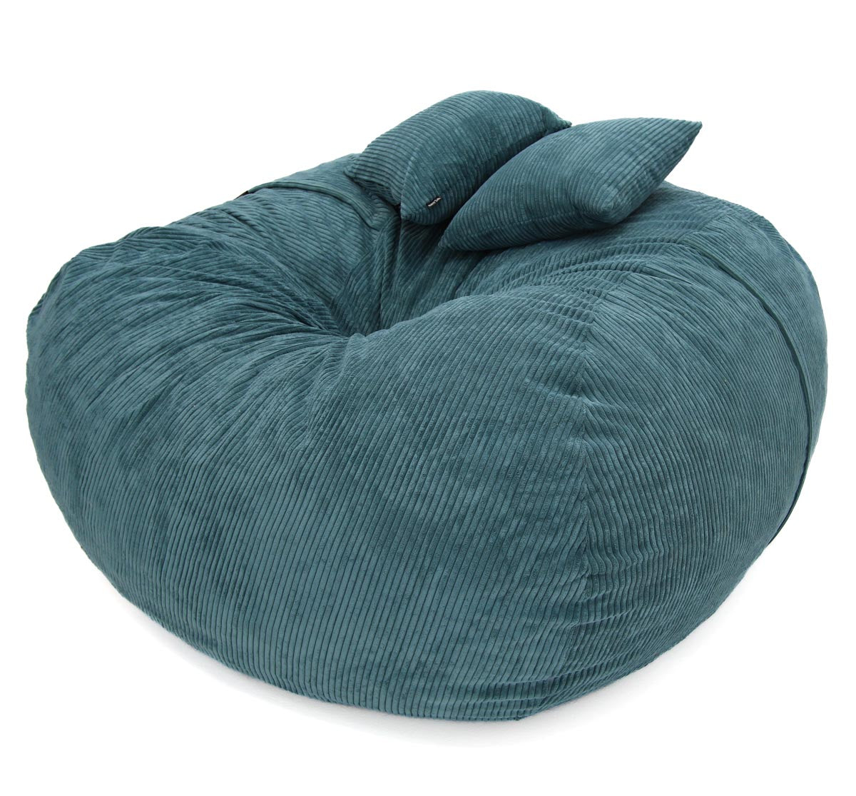 Teal bean bag chair with a pillow on a white background