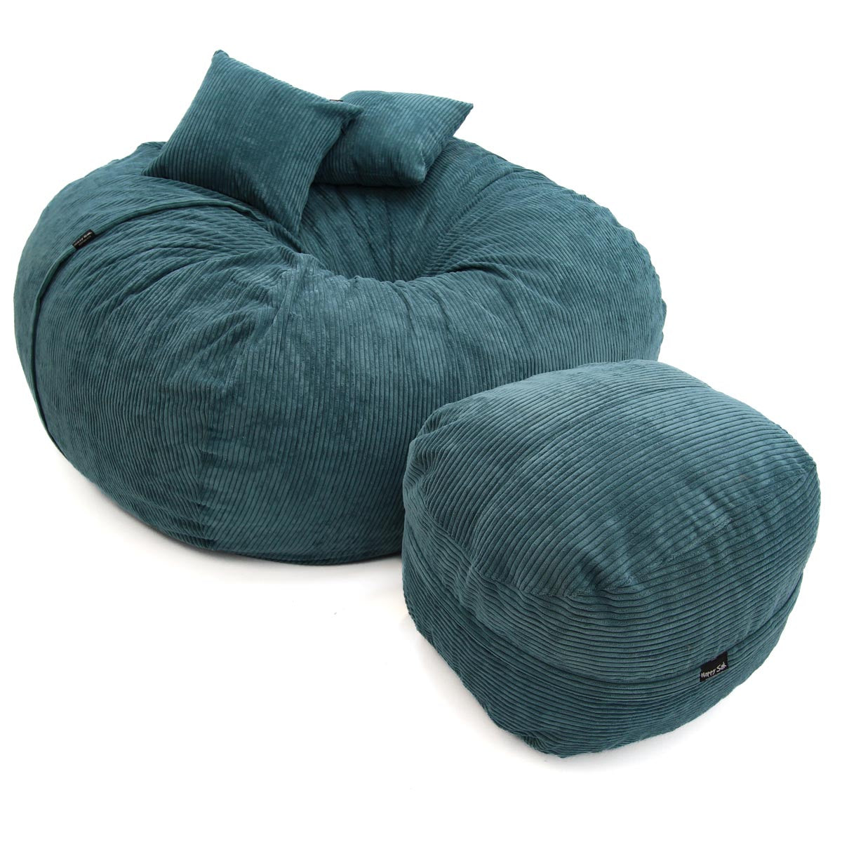 Teal bean bag chair and ottoman on a white background