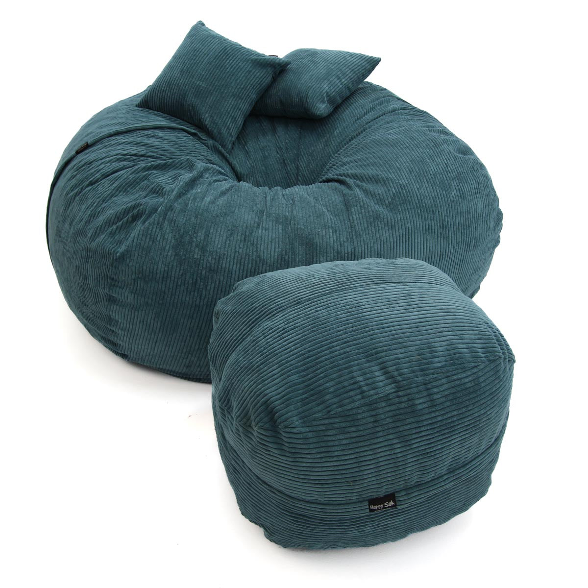 Teal bean bag chair and ottoman on a white background