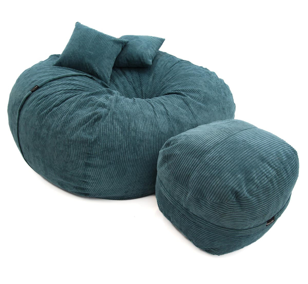 Teal bean bag chair with ottoman on a white background