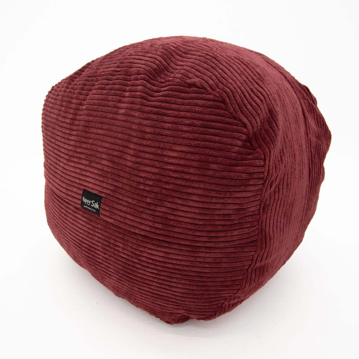 Maroon bean bag with a brand label on a white background