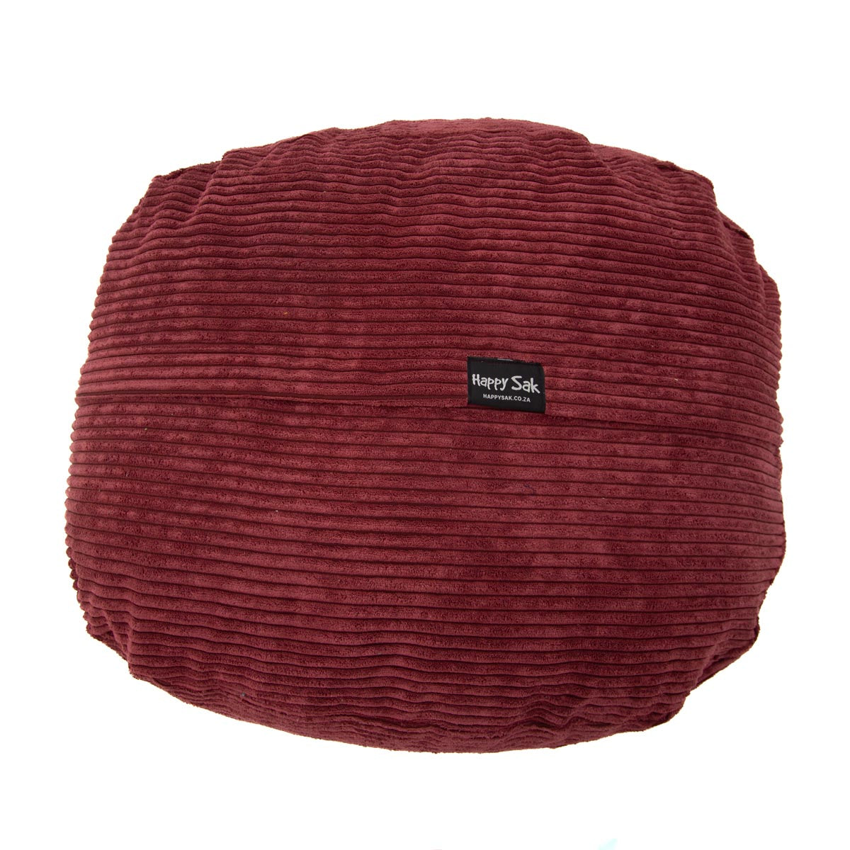 Maroon textured bean bag with a brand label on a white background