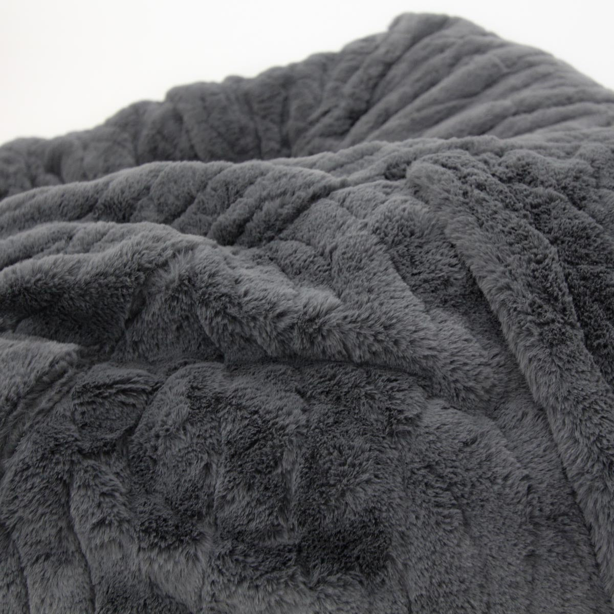Close-up of a textured gray faux fur fabric