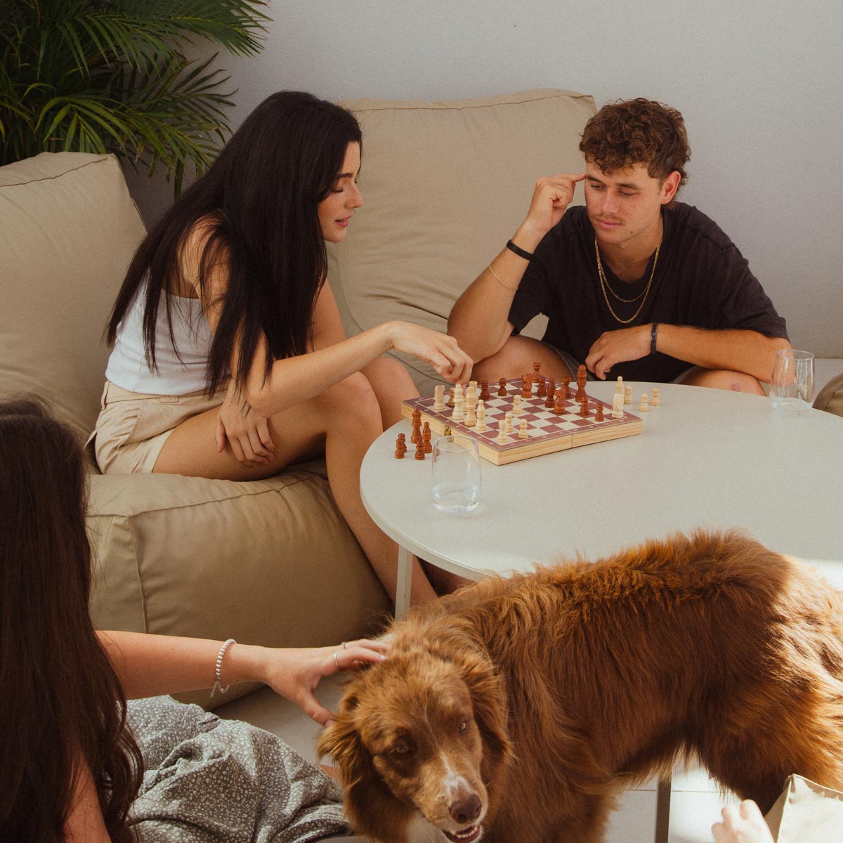 Two people playing chess on a couch with a dog sitting nearby