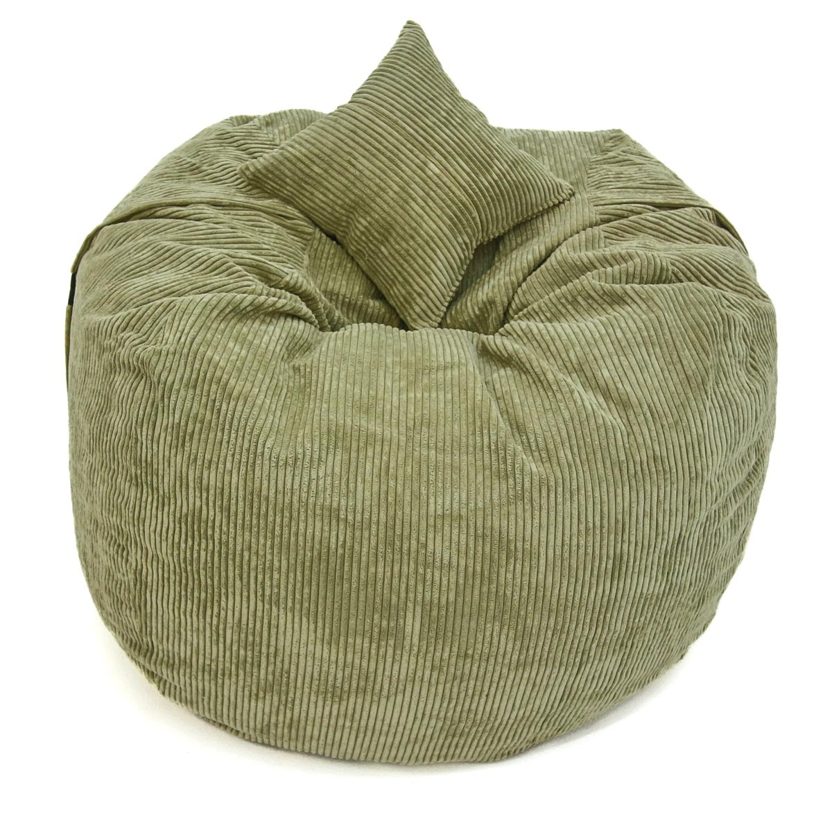Green bean bag chair with a pillow on a white background