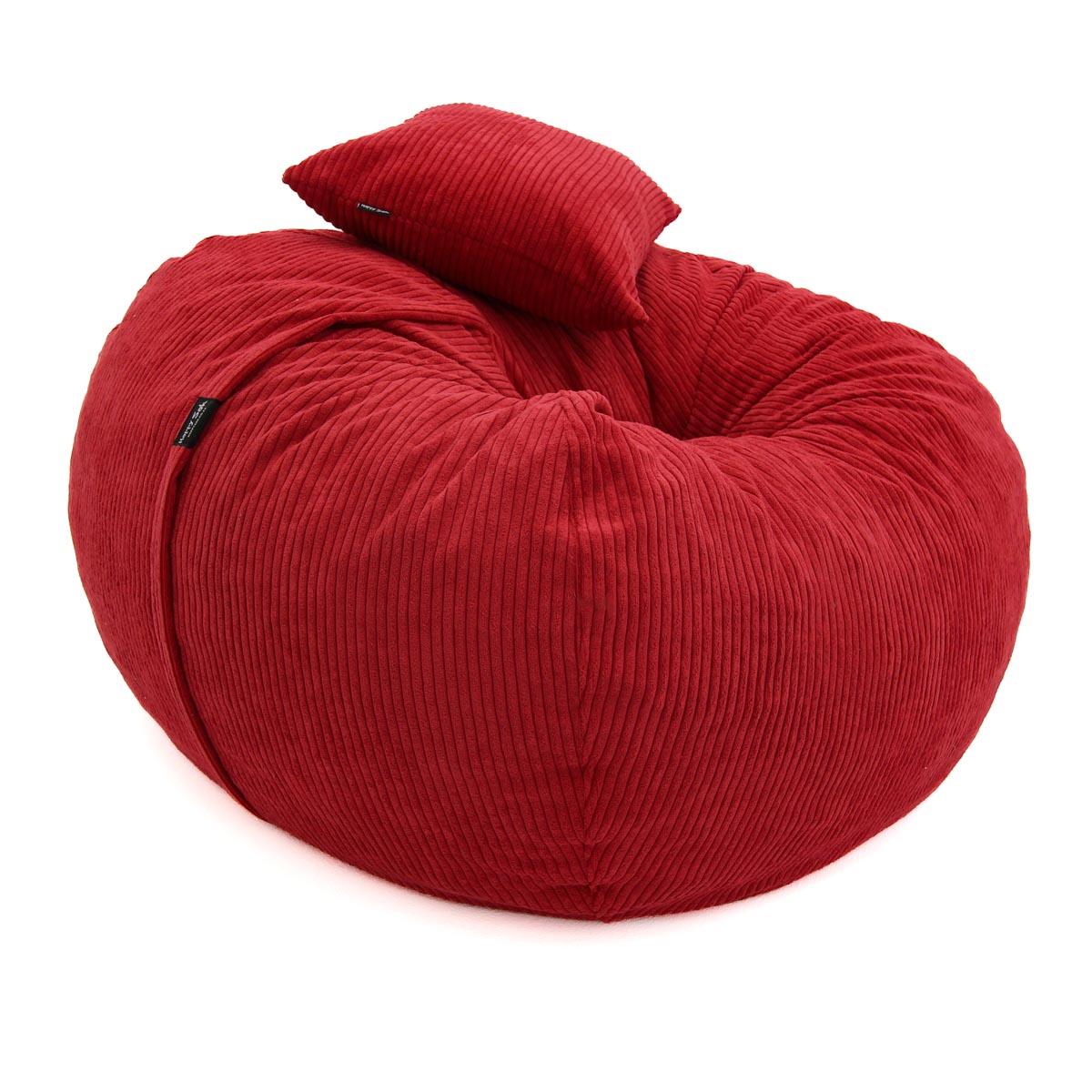 Red bean bag chair with a pillow on a white background