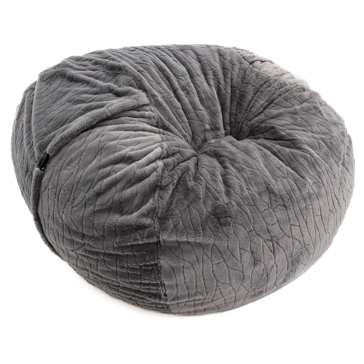 Gray textured faux fur bean bag on a white background